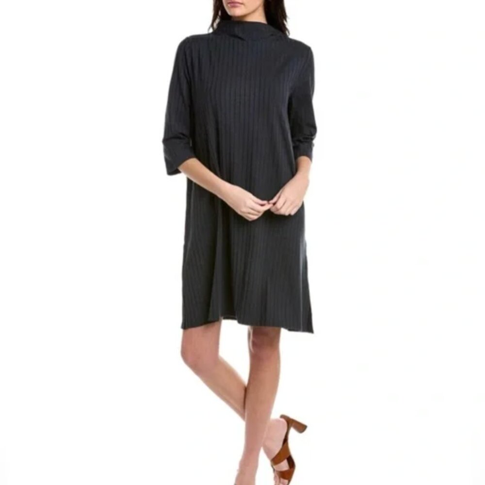 Eileen Fisher Washable Stretch Ribbed Funnel Neck Black Midi Dress Size XS - Picture 1 of 11